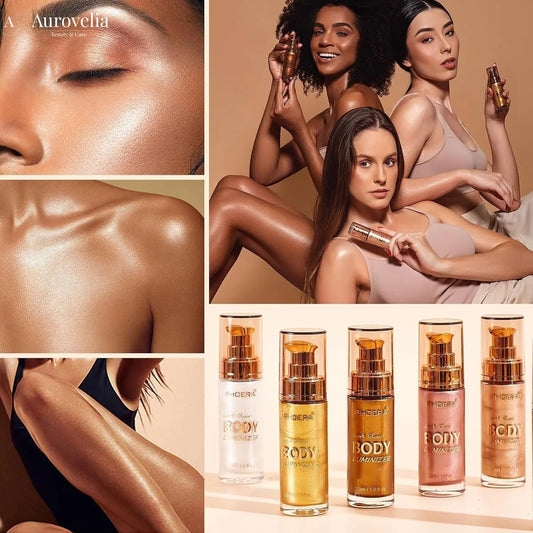 PHOERA Illuminating Body Oil Duo for Glowing Skin, Water-Resistant Formula with Makeup Brush, 1Oz - Aurovelia Beauty