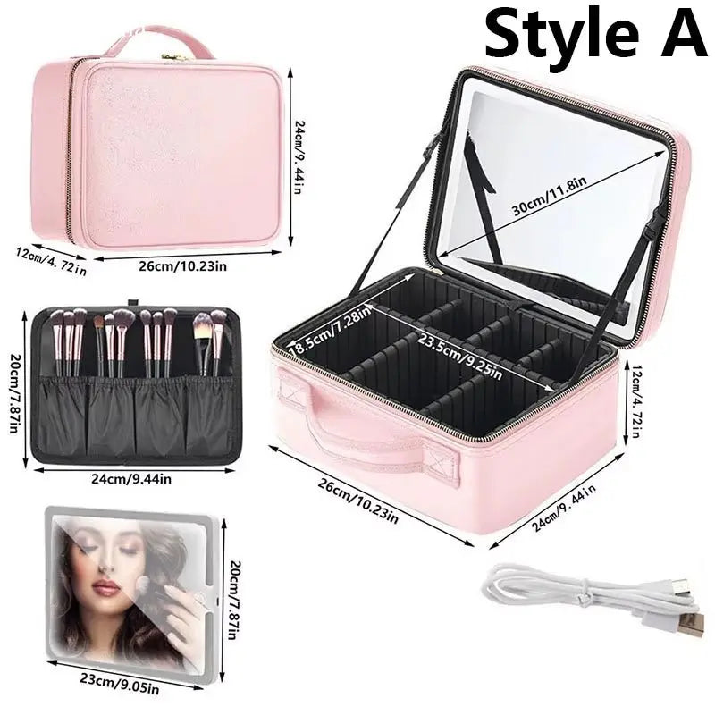 New LED Lighted Cosmetic Case with Mirror PU Leather Portable Travel Makeup Storage Bags Waterproof Travel Makeup Bag - Aurovelia Beauty