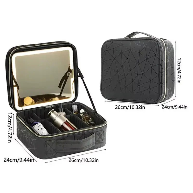 New LED Lighted Cosmetic Case with Mirror PU Leather Portable Travel Makeup Storage Bags Waterproof Travel Makeup Bag - Aurovelia Beauty