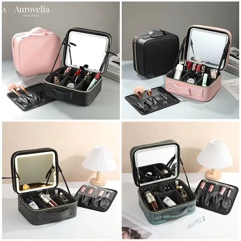 New LED Lighted Cosmetic Case with Mirror PU Leather Portable Travel Makeup Storage Bags Waterproof Travel Makeup Bag - Aurovelia Beauty