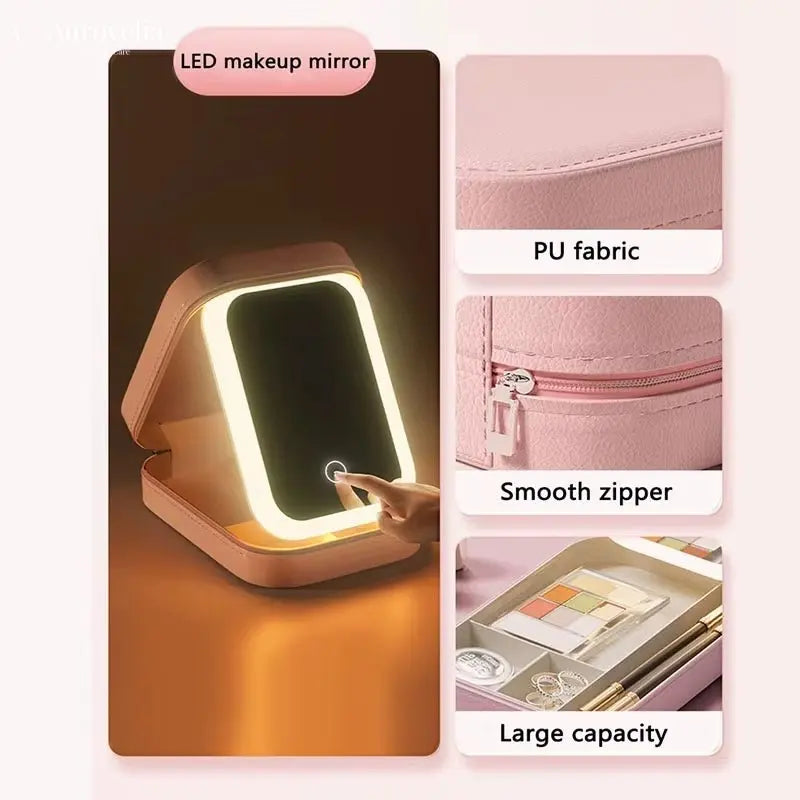 New LED Lighted Cosmetic Case with Mirror PU Leather Portable Travel Makeup Storage Bags Waterproof Travel Makeup Bag - Aurovelia Beauty