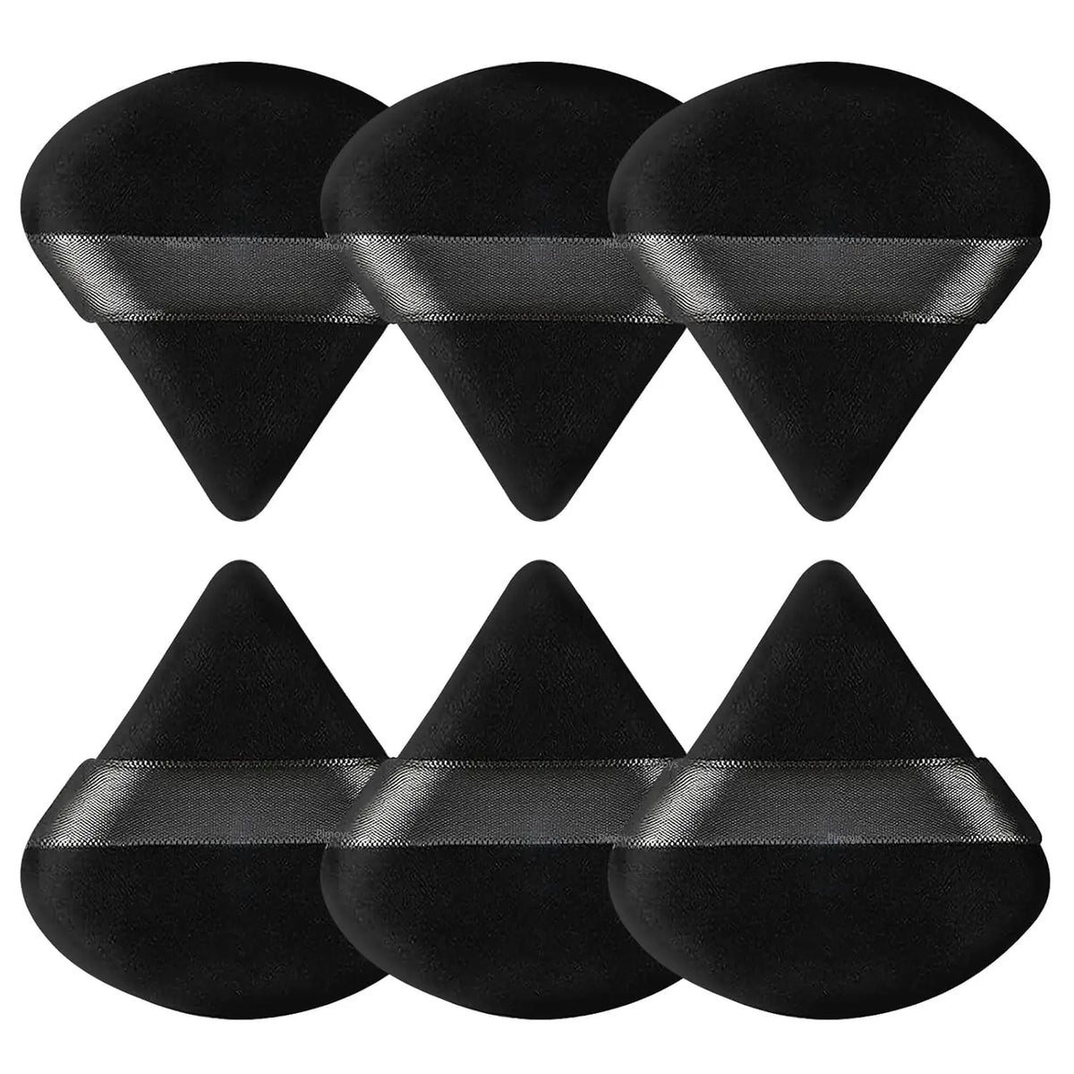Powder Puffs, 6 Pack Triangle Makeup Puff, Black | Soft Velour, Triangle and round Design, Washable, Finger Strap, for Loose Powder - Aurovelia Beauty
