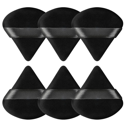 Powder Puffs, 6 Pack Triangle Makeup Puff, Black | Soft Velour, Triangle and round Design, Washable, Finger Strap, for Loose Powder - Aurovelia Beauty