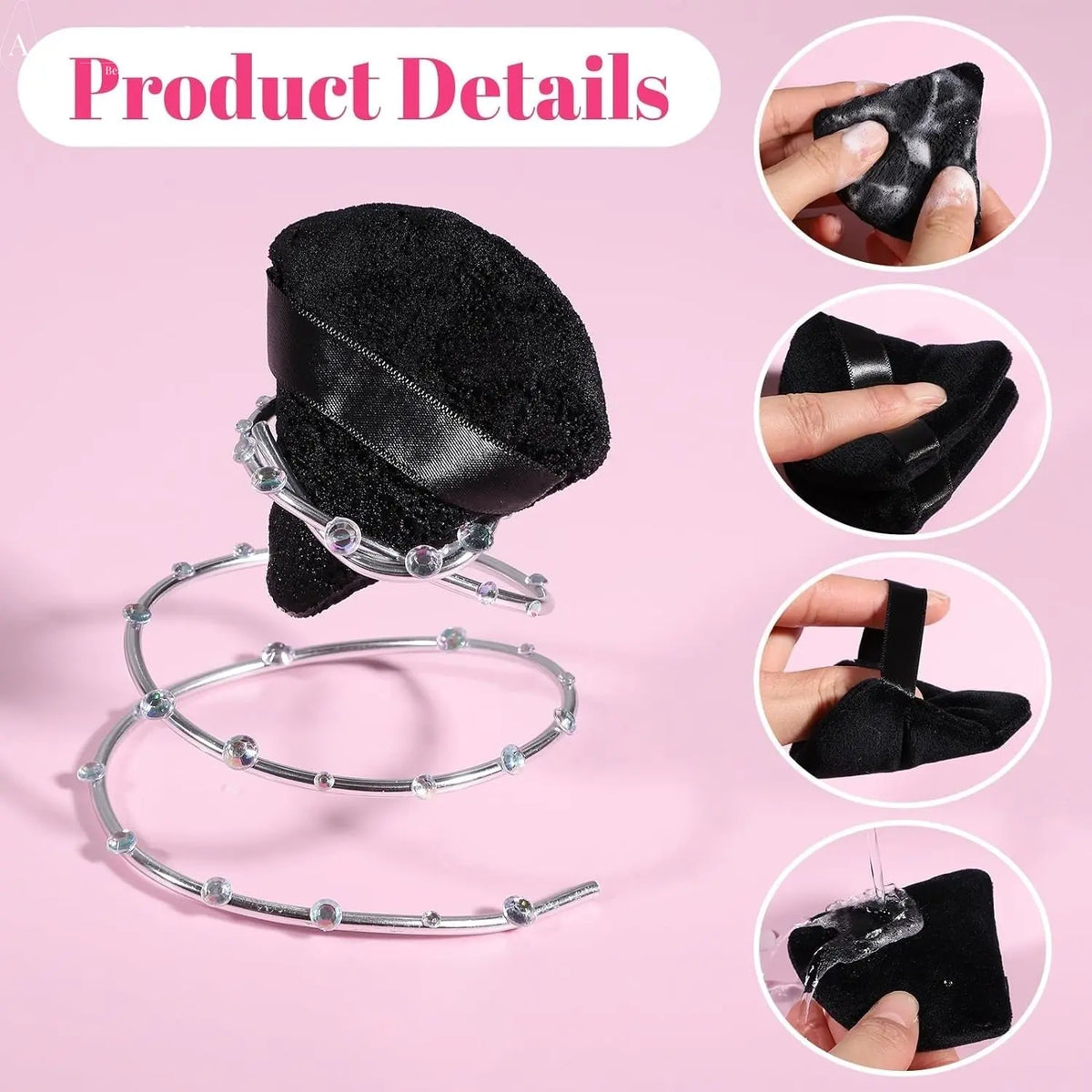 Powder Puffs, 6 Pack Triangle Makeup Puff, Black | Soft Velour, Triangle and round Design, Washable, Finger Strap, for Loose Powder - Aurovelia Beauty