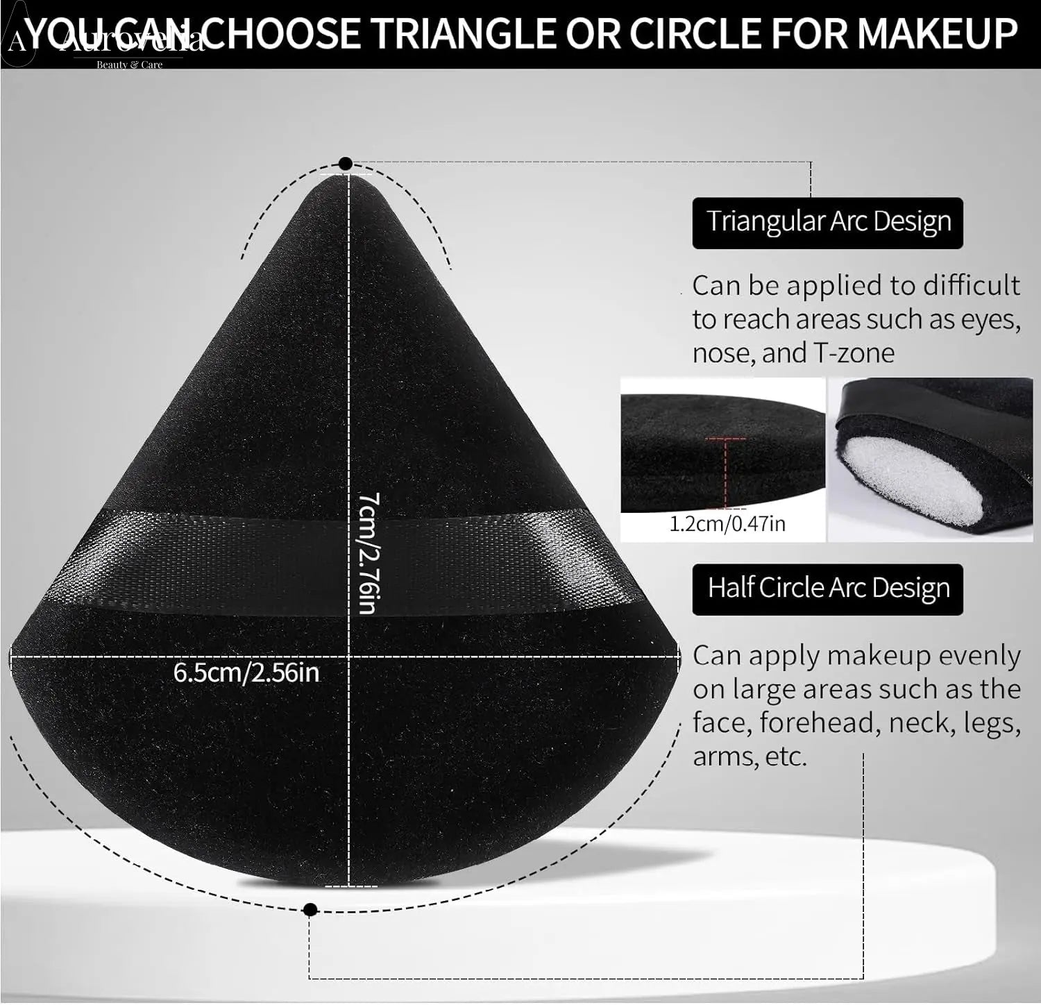 Powder Puffs, 6 Pack Triangle Makeup Puff, Black | Soft Velour, Triangle and round Design, Washable, Finger Strap, for Loose Powder - Aurovelia Beauty