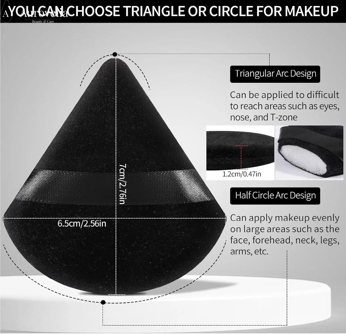 Powder Puffs, 6 Pack Triangle Makeup Puff, Black | Soft Velour, Triangle and round Design, Washable, Finger Strap, for Loose Powder - Aurovelia Beauty