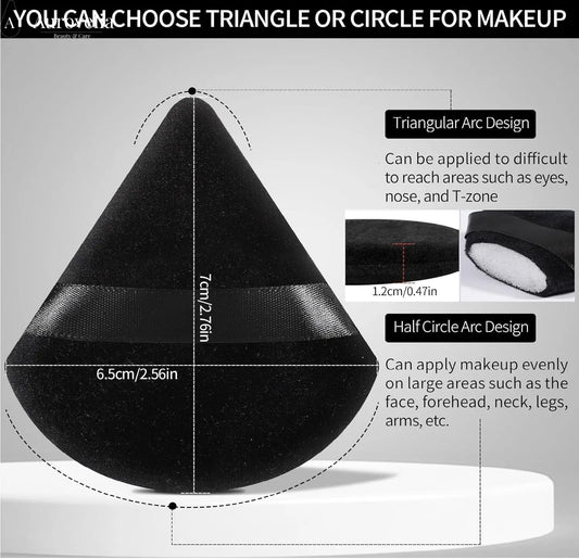 Powder Puffs, 6 Pack Triangle Makeup Puff, Black | Soft Velour, Triangle and round Design, Washable, Finger Strap, for Loose Powder - Aurovelia Beauty