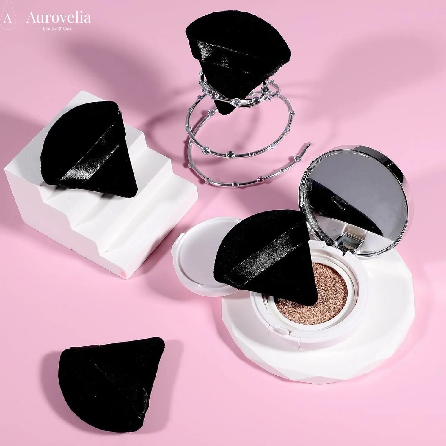 Powder Puffs, 6 Pack Triangle Makeup Puff, Black | Soft Velour, Triangle and round Design, Washable, Finger Strap, for Loose Powder - Aurovelia Beauty
