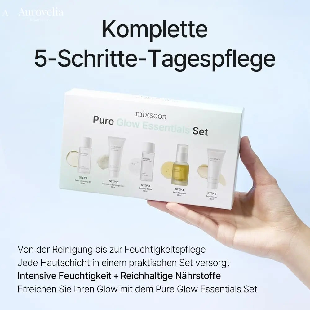 Pure Glow Essentials Set - 5-Step Skincare Kit - Travel Kit, Travel Size Kit, Hydrating Skincare Gift Set (15Ml*1+20Ml*3+30Ml*1) Korean Glass Skin Care - Aurovelia Beauty