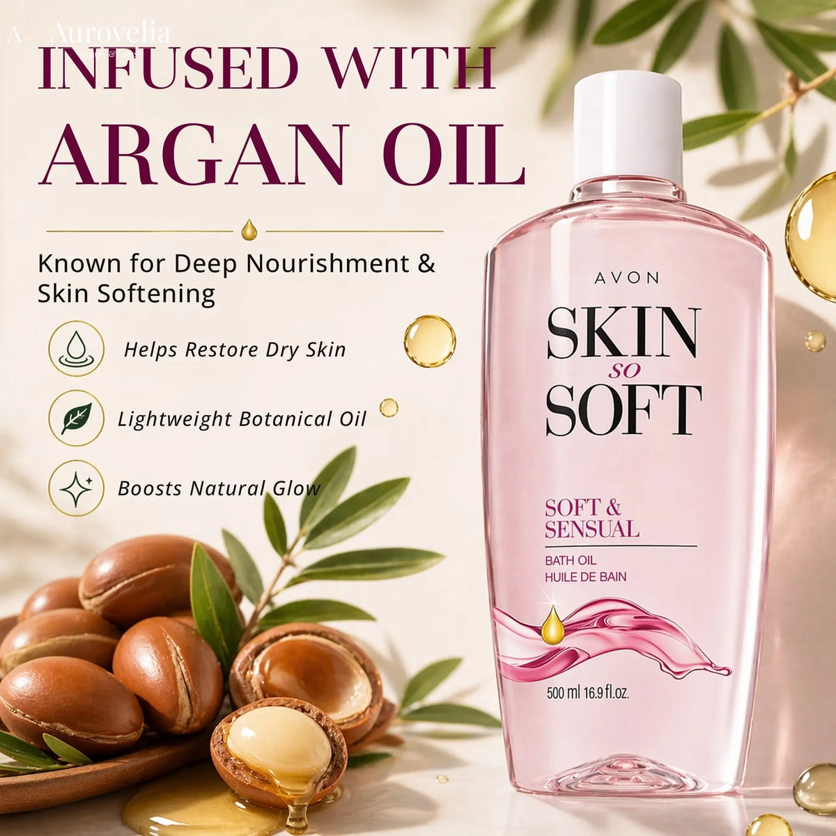 Skin so Soft Soft and Sensual Argan Oil Moisturizing Bath Oil for Women, 16.9 Fl Oz - Aurovelia Beauty