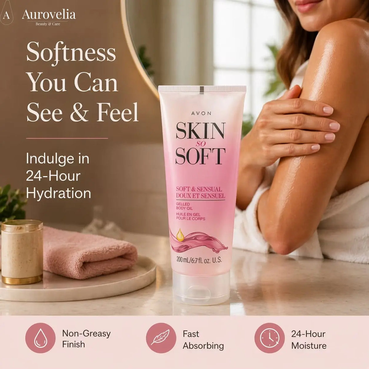 Skin so Soft Soft & Sensual Gelled Body Oil for Dry & Sensitive Skin – Hydrating Body Moisturizer with Argan Oil for Glowing Skin – Non-Greasy Floral Scented Gel, 6.76 Fl Oz - Aurovelia Beauty