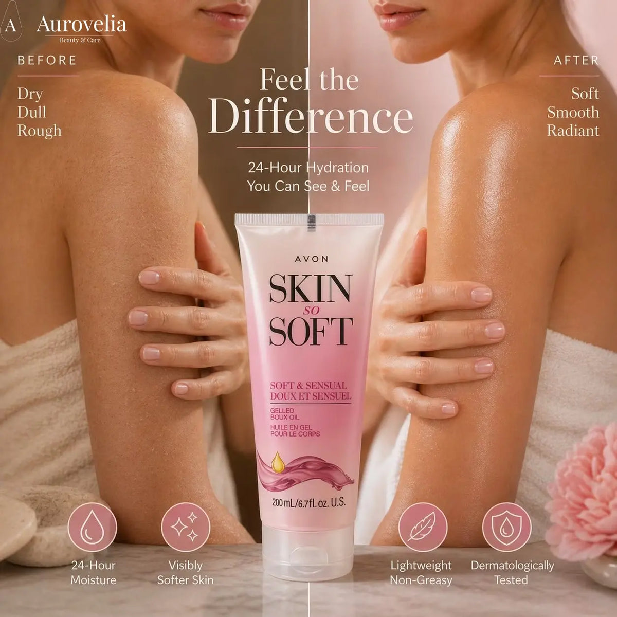 Skin so Soft Soft & Sensual Gelled Body Oil for Dry & Sensitive Skin – Hydrating Body Moisturizer with Argan Oil for Glowing Skin – Non-Greasy Floral Scented Gel, 6.76 Fl Oz - Aurovelia Beauty