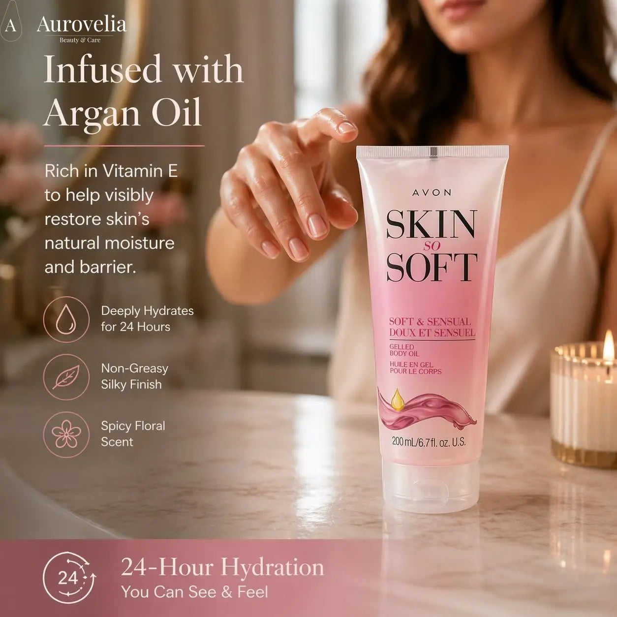Skin so Soft Soft & Sensual Gelled Body Oil for Dry & Sensitive Skin – Hydrating Body Moisturizer with Argan Oil for Glowing Skin – Non-Greasy Floral Scented Gel, 6.76 Fl Oz - Aurovelia Beauty