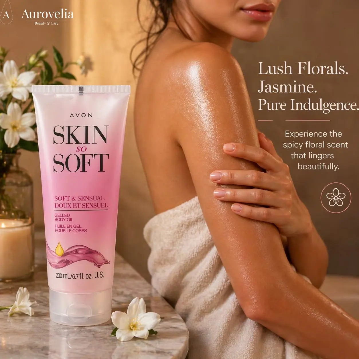 Skin so Soft Soft & Sensual Gelled Body Oil for Dry & Sensitive Skin – Hydrating Body Moisturizer with Argan Oil for Glowing Skin – Non-Greasy Floral Scented Gel, 6.76 Fl Oz - Aurovelia Beauty