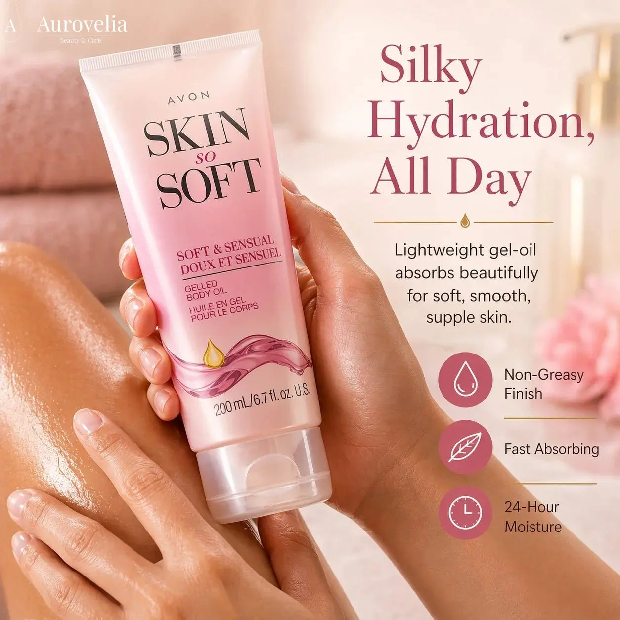Skin so Soft Soft & Sensual Gelled Body Oil for Dry & Sensitive Skin – Hydrating Body Moisturizer with Argan Oil for Glowing Skin – Non-Greasy Floral Scented Gel, 6.76 Fl Oz - Aurovelia Beauty