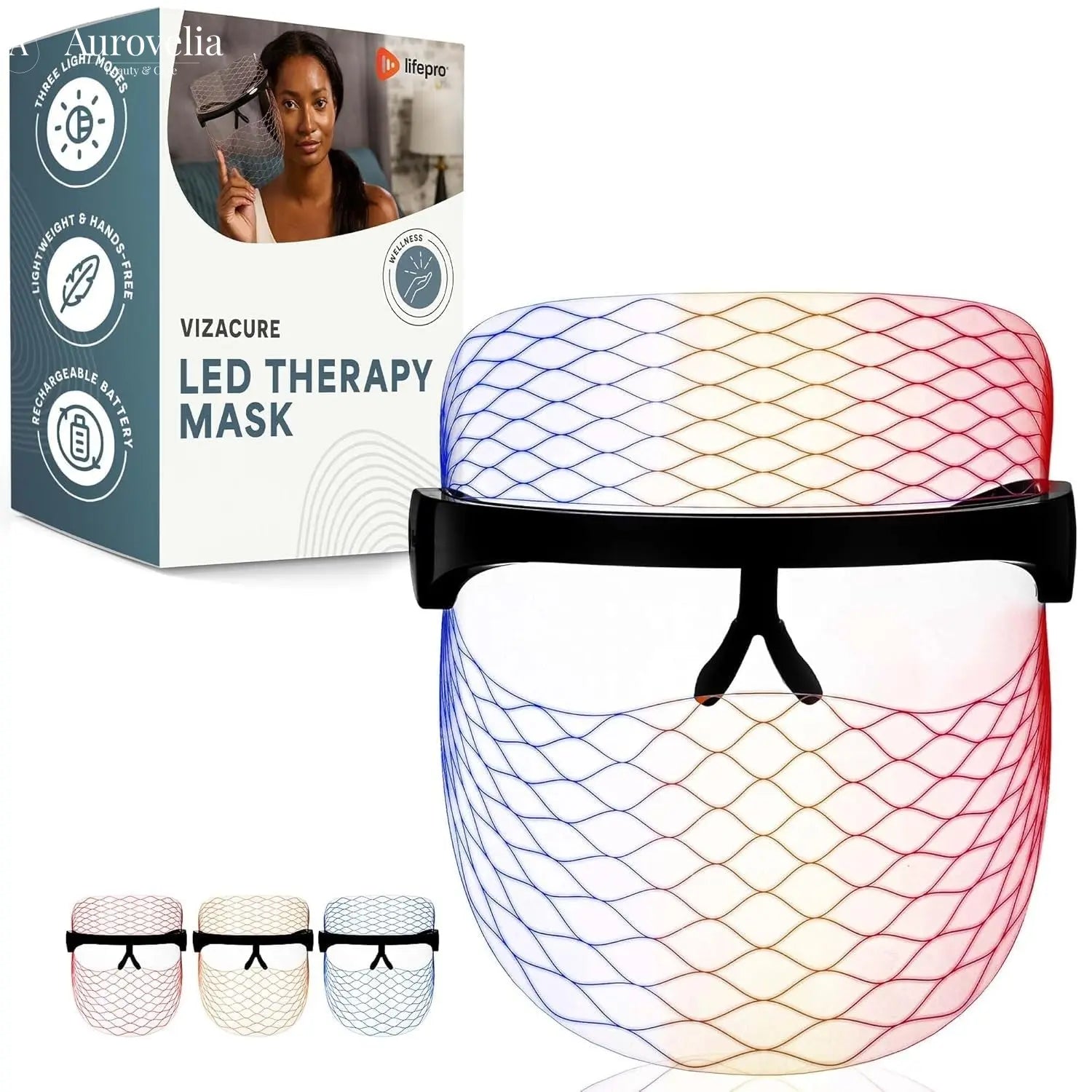Vizacure Red Light Therapy Mask - Seethrough Design - Cordless LED | Red Light Therapy for Face - 3 Modes - Portable Skincare Mask for at Home Use - Aurovelia Beauty