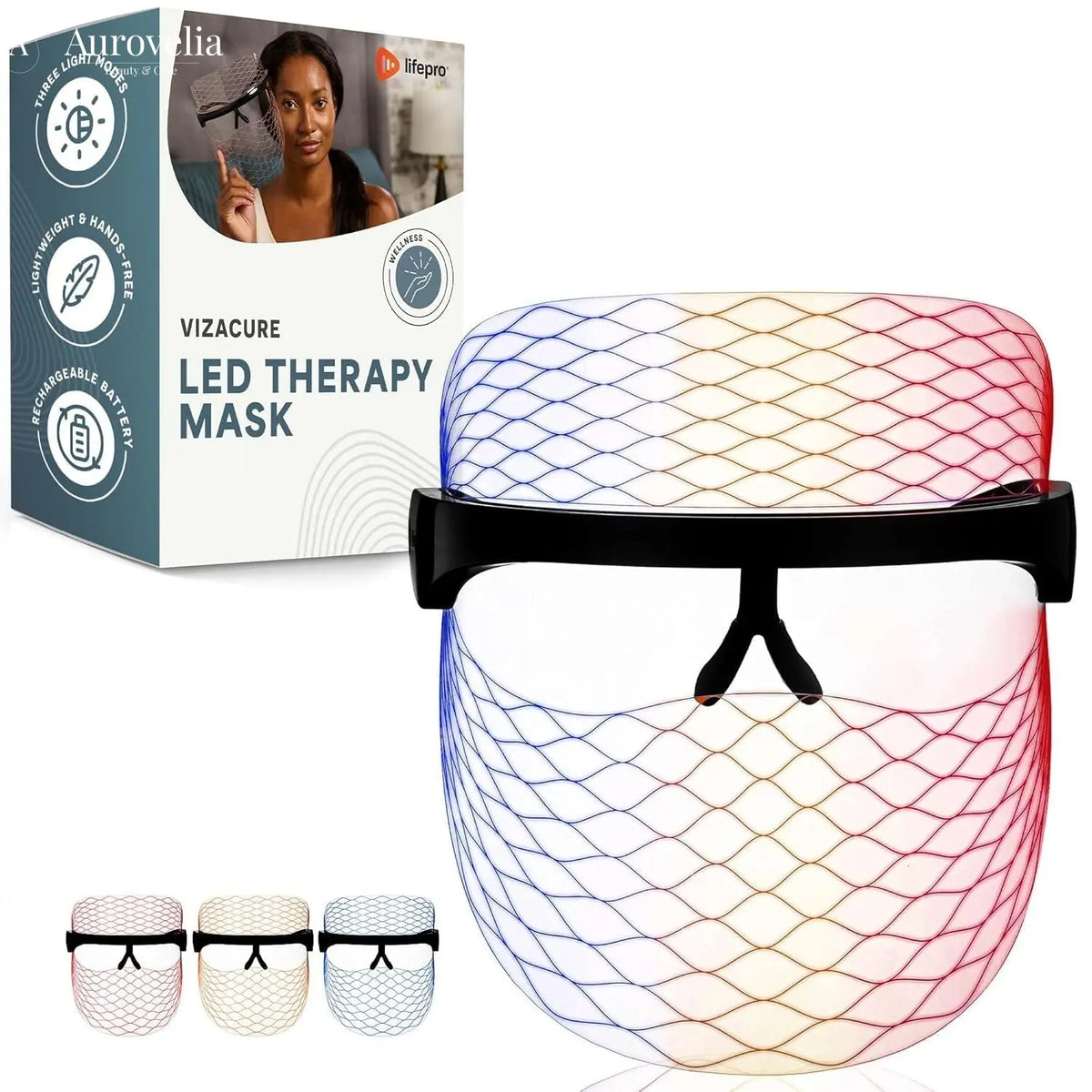Vizacure Red Light Therapy Mask - Seethrough Design - Cordless LED | Red Light Therapy for Face - 3 Modes - Portable Skincare Mask for at Home Use - Aurovelia Beauty