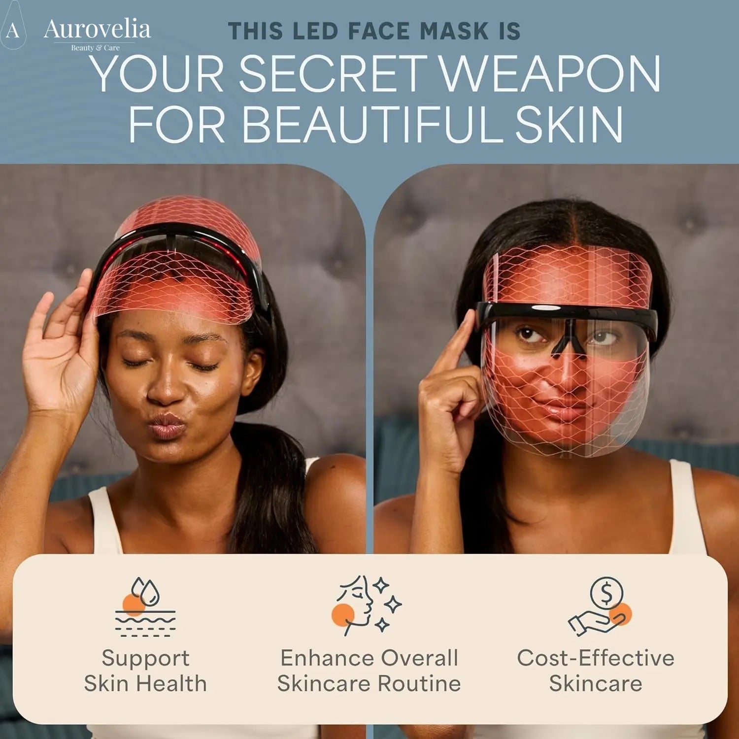 Vizacure Red Light Therapy Mask - Seethrough Design - Cordless LED | Red Light Therapy for Face - 3 Modes - Portable Skincare Mask for at Home Use - Aurovelia Beauty